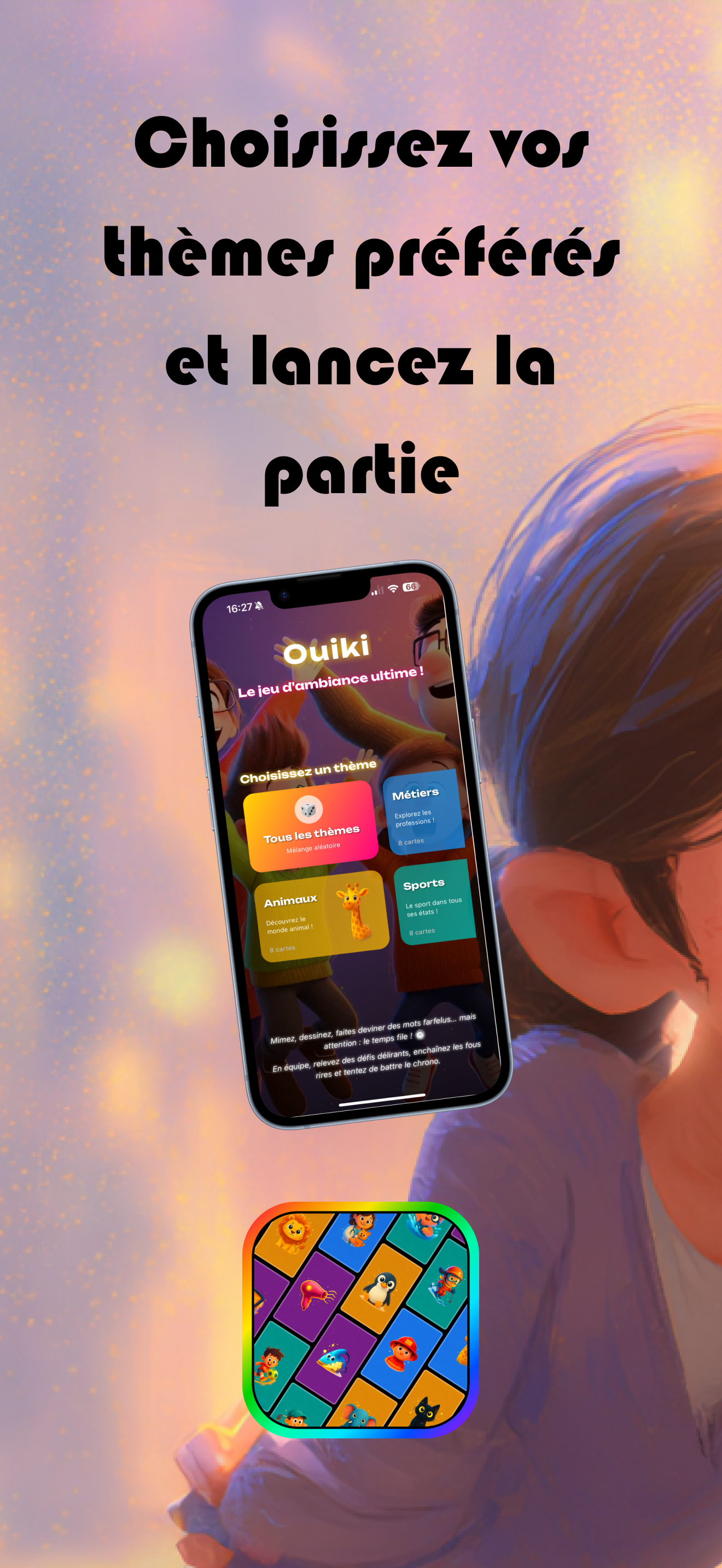 Capture d'écran de l'interface principale d'Ouiki montrant l'écran de sélection des thèmes