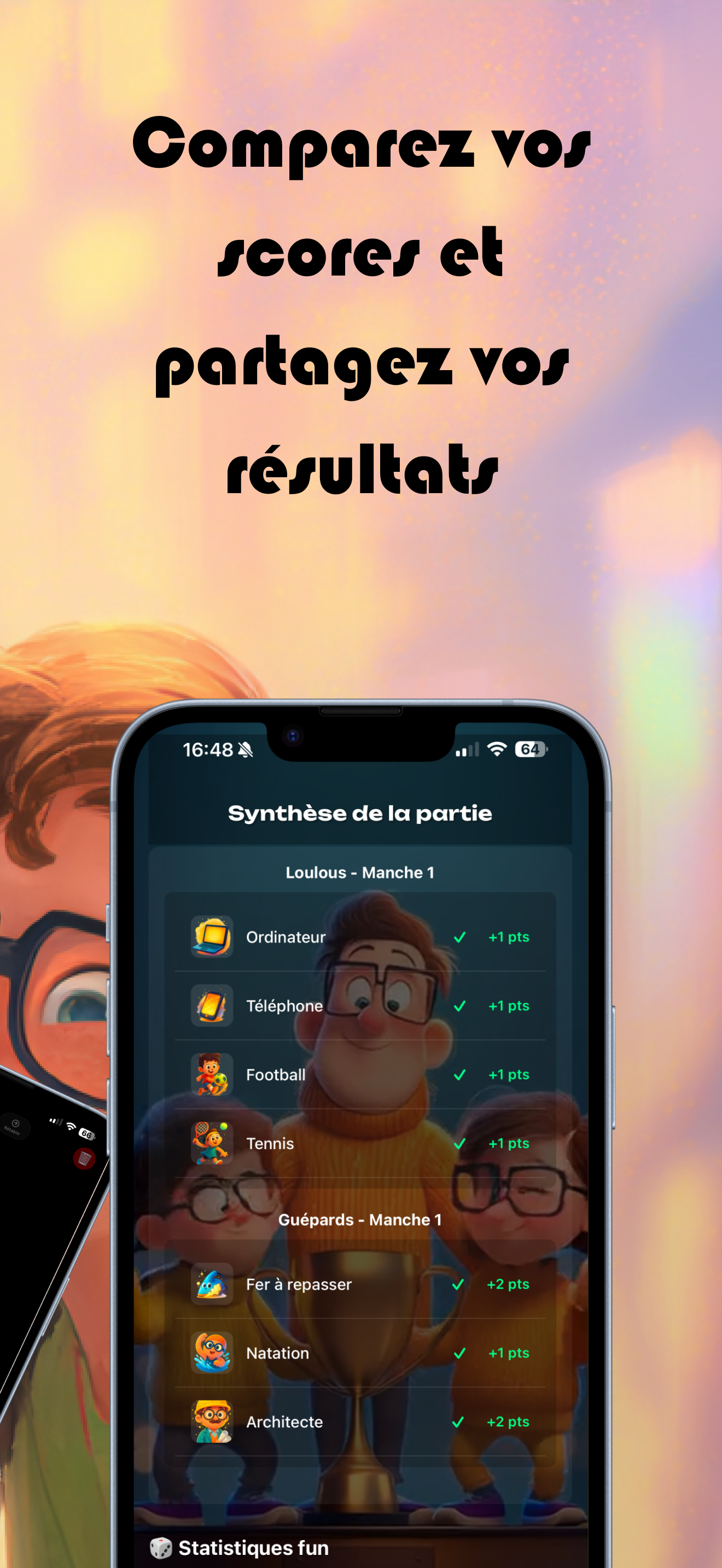 Capture d'écran des résultats de partie d'Ouiki avec les statistiques